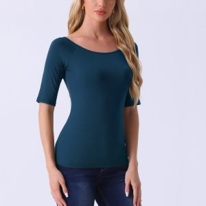 Half Sleeves Scoop Neck Fitted Layering Soft T-Shirt Dark Blue/M - Allegra K catalog