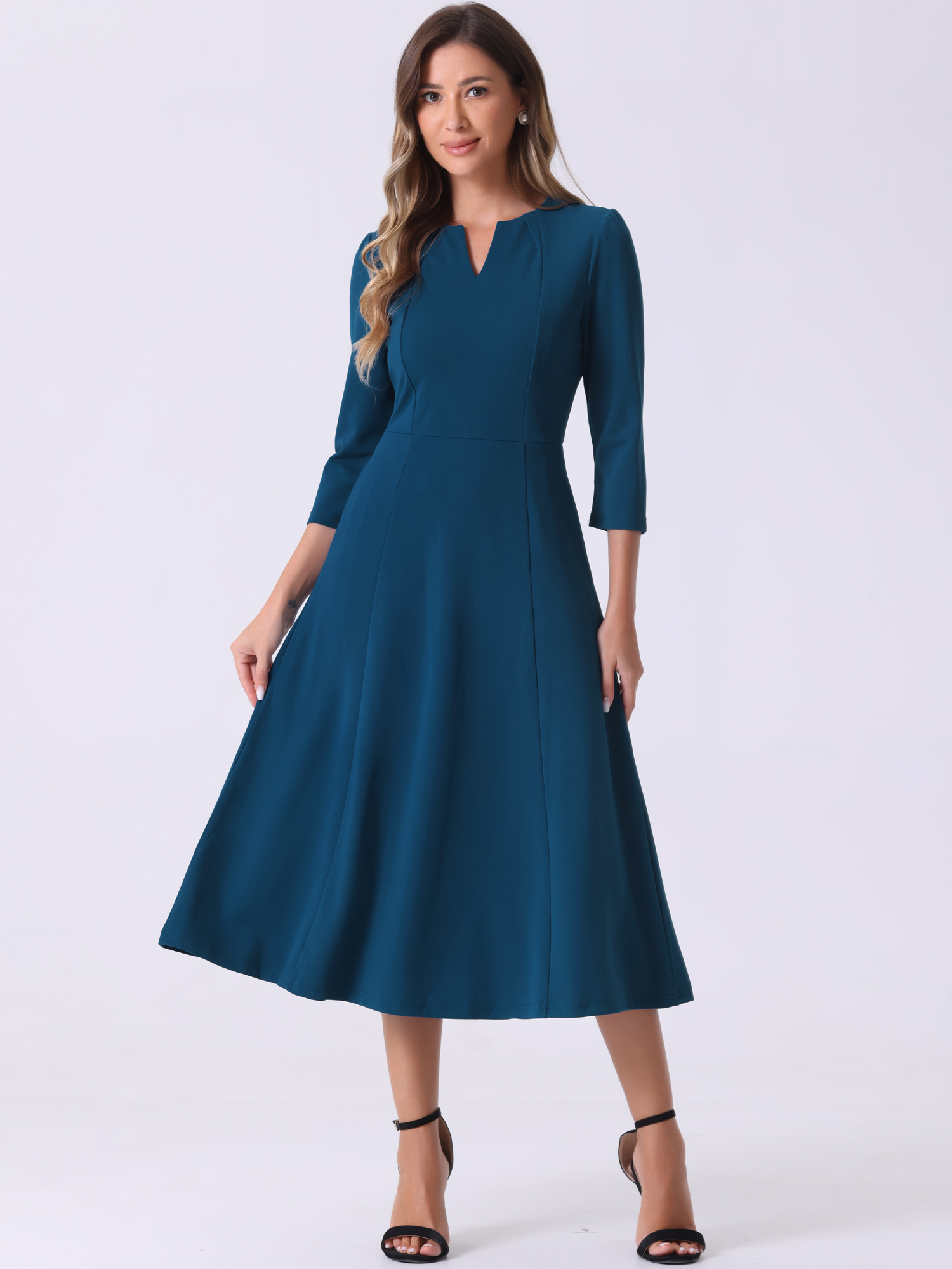 Notch Neck Pocketed 3/4 Sleeve Solid A-Line Work Dress Dark Blue/M - Allegra K catalog