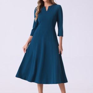 Notch Neck Pocketed 3/4 Sleeve Solid A-Line Work Dress Dark Blue/L - Allegra K catalog