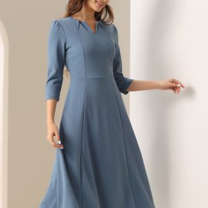 Notch Neck Pocketed 3/4 Sleeve Solid A-Line Work Dress Gray Blue/M - Allegra K catalog