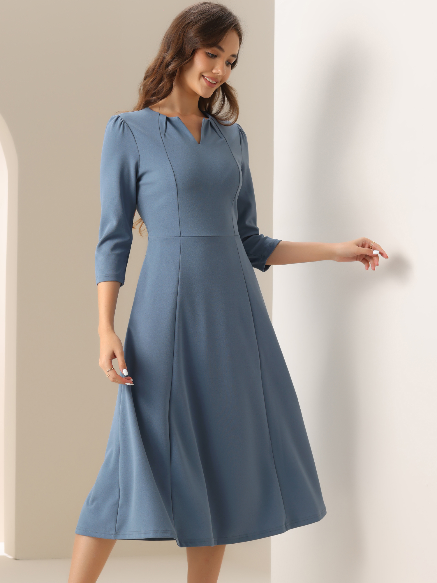 Notch Neck Pocketed 3/4 Sleeve Solid A-Line Work Dress Gray Blue/M - Allegra K catalog