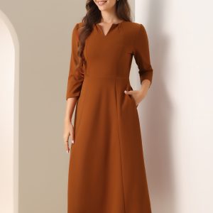 Notch Neck Pocketed 3/4 Sleeve Solid A-Line Work Dress Caramel/S - Allegra K catalog
