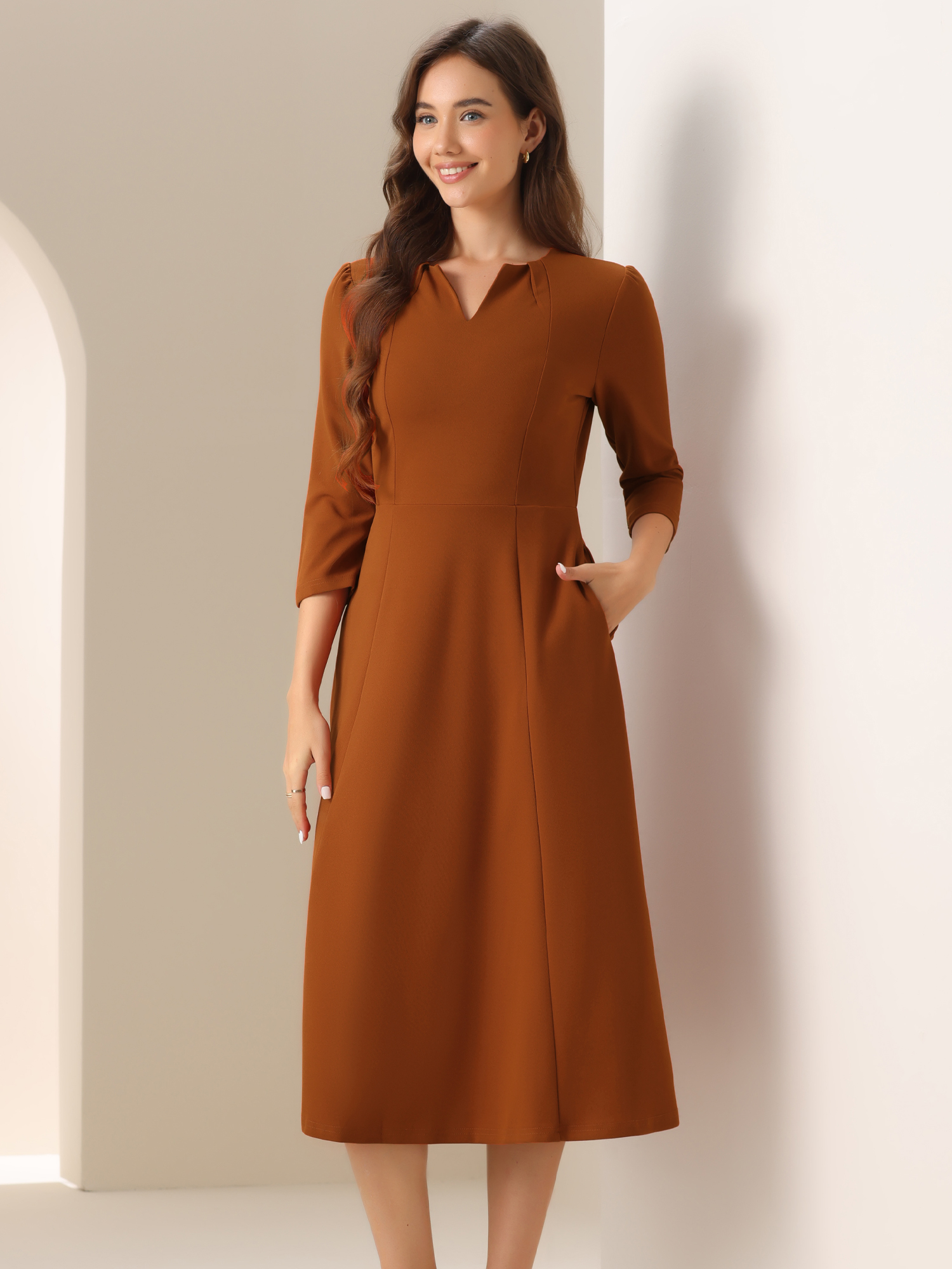 Notch Neck Pocketed 3/4 Sleeve Solid A-Line Work Dress Caramel/L - Allegra K catalog
