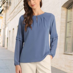 Chiffon Shirt Semi Sheer Keyhole Neck Elegant Blouse Blue/L - Allegra K catalog