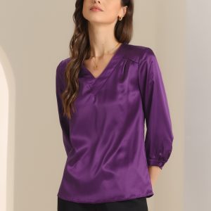Casual Office Blouse 3/4 Sleeve V Neck Satin Shirt Dark Purple/XS - Allegra K catalog