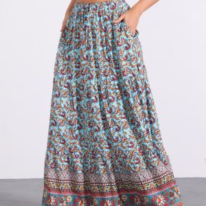 Boho Casual Bohemian Floral Printed Elastic Waist Maxi Skirt Blue/M - Allegra K catalog