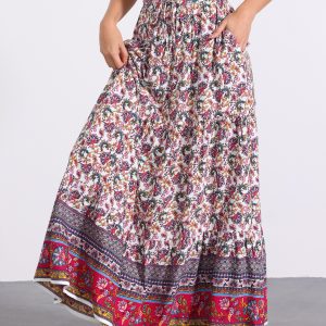 Boho Casual Bohemian Floral Printed Elastic Waist Maxi Skirt White Purple/S - Allegra K catalog