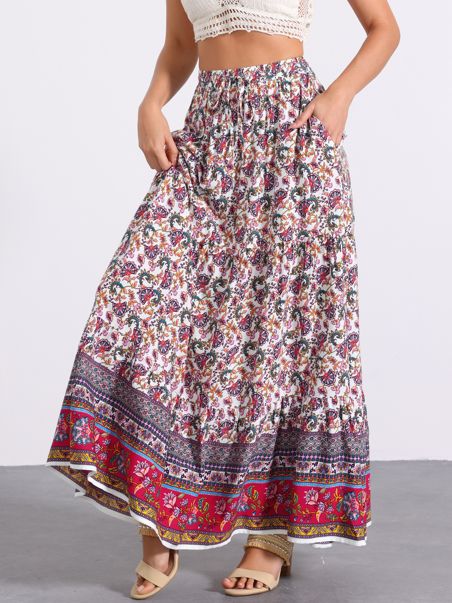 Boho Casual Bohemian Floral Printed Elastic Waist Maxi Skirt White Purple/M - Allegra K catalog