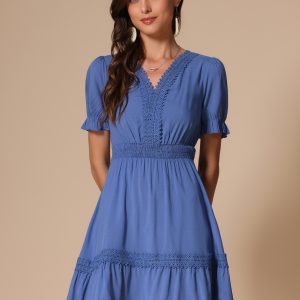 Boho Puff Sleeve V Neck Smocked Waist Ruffled Tiered Dress Grey Blue/S - Allegra K catalog