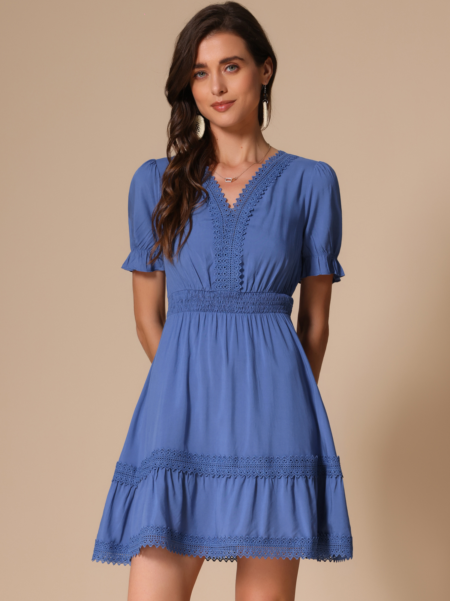 Boho Puff Sleeve V Neck Smocked Waist Ruffled Tiered Dress Grey Blue/S - Allegra K catalog
