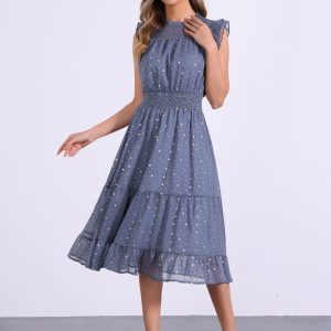 Chiffon Sleeveless Smocked Waist Gilding Metallic Stars Party Dress Grey Blue/M - Allegra K catalog