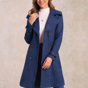 Faux Suede Notched Cuff Solid Double Breasted Tie Belt Trench Coat Dark Blue/L - Allegra K catalog