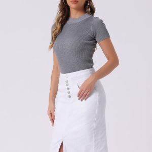 Denim Pencil Button High Waist Split Hem Casual Midi Jean Skirts White/M - Allegra K catalog