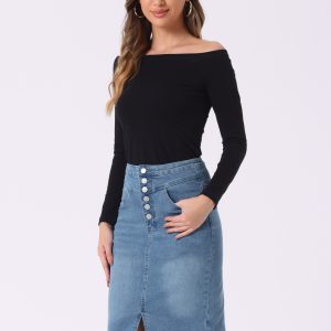 Denim Pencil Button High Waist Split Hem Casual Midi Jean Skirts Light Blue/L - Allegra K catalog