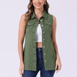 Casual Button Down Waistcoat Sleeveless Mid Long Denim Vest Army Green/M - Allegra K catalog