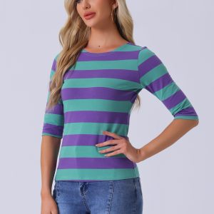 Striped 3/4 Sleeve Casual Basic Boat Neck T-shirt Purple Green/XS - Allegra K catalog
