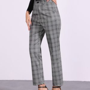 Plaid Cropped Trousers Button Casual Tartan Check Work Pants Grey Black/XL - Allegra K catalog