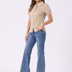 Cotton Frilled Top Turndown Collar Solid Blouse Shirt Khaki/XS - Allegra K catalog