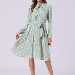 Tie Neck Chiffon Long Sleeve Belted Vintage Floral Dress Light Green/S - Allegra K catalog