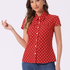 Short Sleeve Tops Vintage Polka Dots Button Up Shirt Red/S - Allegra K catalog