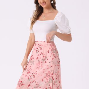 Floral Ruffle Elastic High Waist Button Flowy Split Midi Skirt Light Pink/XS - Allegra K catalog