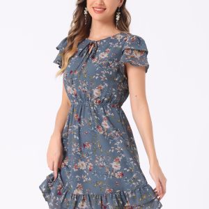 Ruffle Sleeve V Neck Above Knee A-Line Floral Chiffon Dress Dusty Blue/S - Allegra K catalog