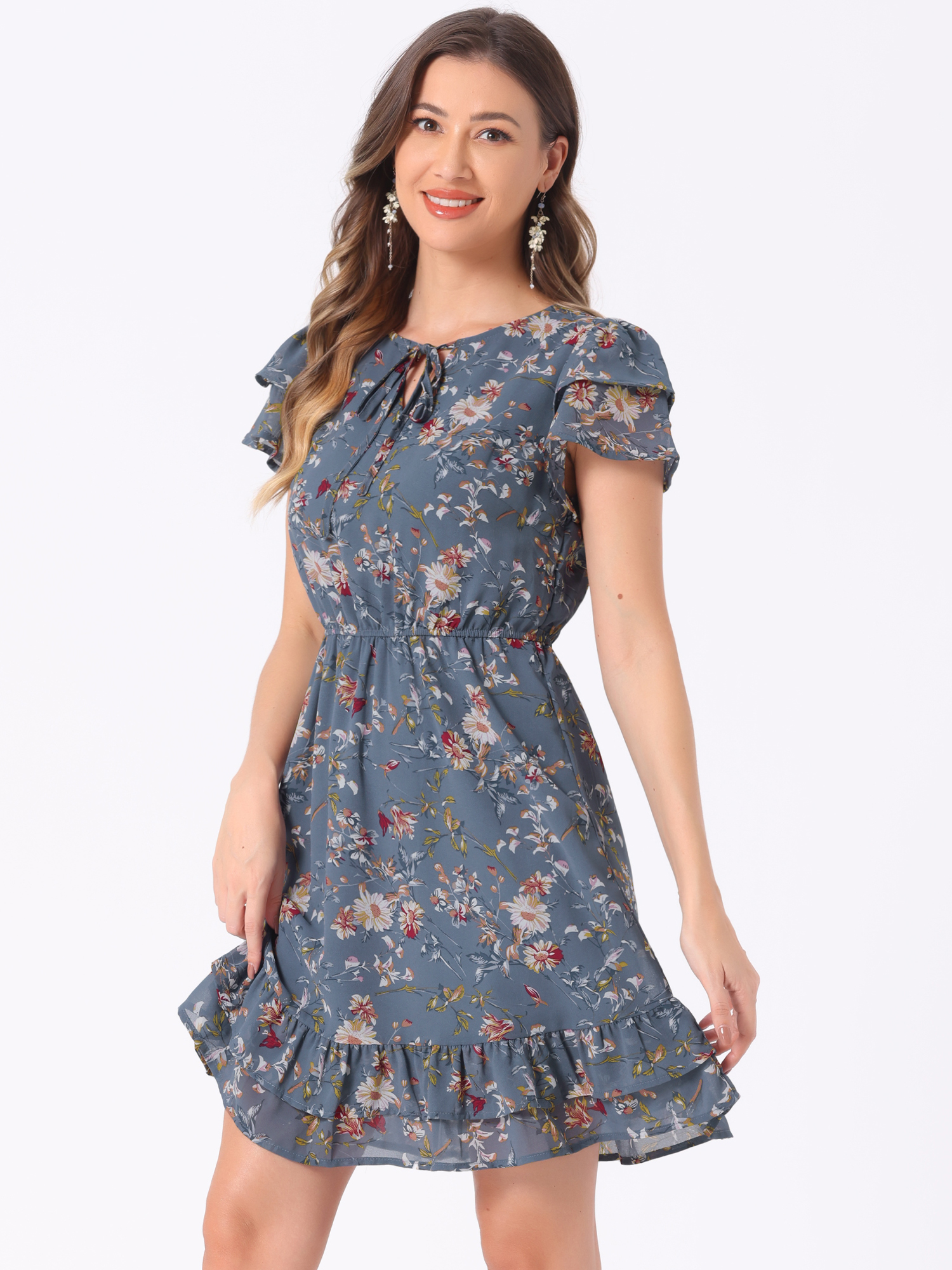 Ruffle Sleeve V Neck Above Knee A-Line Floral Chiffon Dress Dusty Blue/M - Allegra K catalog