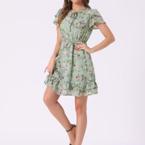 Ruffle Sleeve V Neck Above Knee A-Line Floral Chiffon Dress Light Green/M - Allegra K catalog