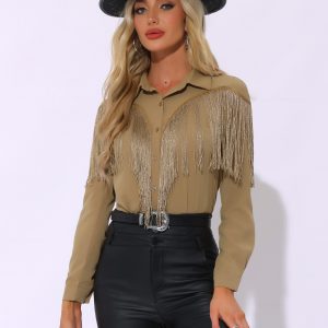 Glitter Fringe Long Sleeve Button Down Disco Party Cowgirl Blouse Khaki/XS - Allegra K catalog