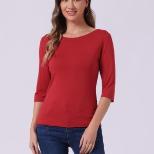 Casual Boat Neck 3/4 Sleeve Solid Basic T-shirt Bright Red/L - Allegra K catalog