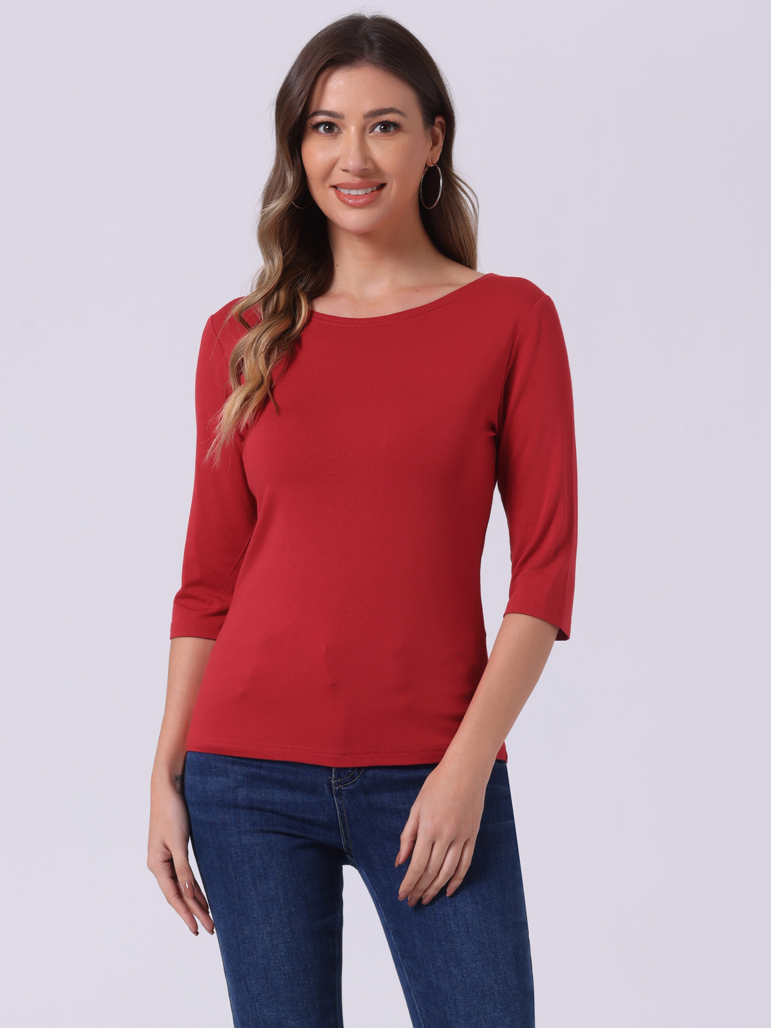 Casual Boat Neck 3/4 Sleeve Solid Basic T-shirt Bright Red/XL - Allegra K catalog