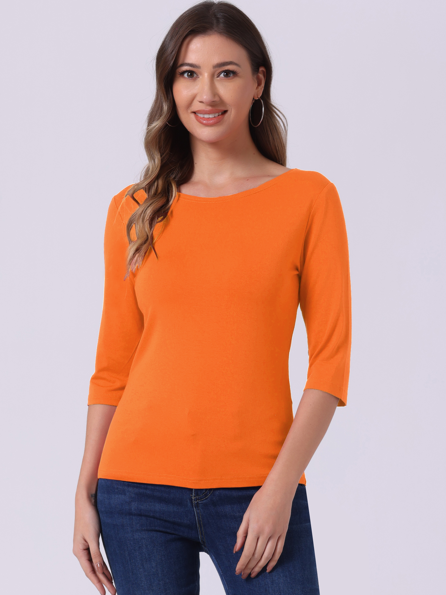 Casual Boat Neck 3/4 Sleeve Solid Basic T-shirt Orange/S - Allegra K catalog