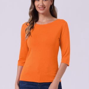 Casual Boat Neck 3/4 Sleeve Solid Basic T-shirt Orange/M - Allegra K catalog