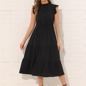 Mock Neck Ruffled Textured Cap Sleeve Tiered Midi Dress Black/XL - Allegra K catalog