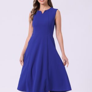 Notch Neck Pocketed Work Office A-Line Midi Dress Royal Blue/XL - Allegra K catalog