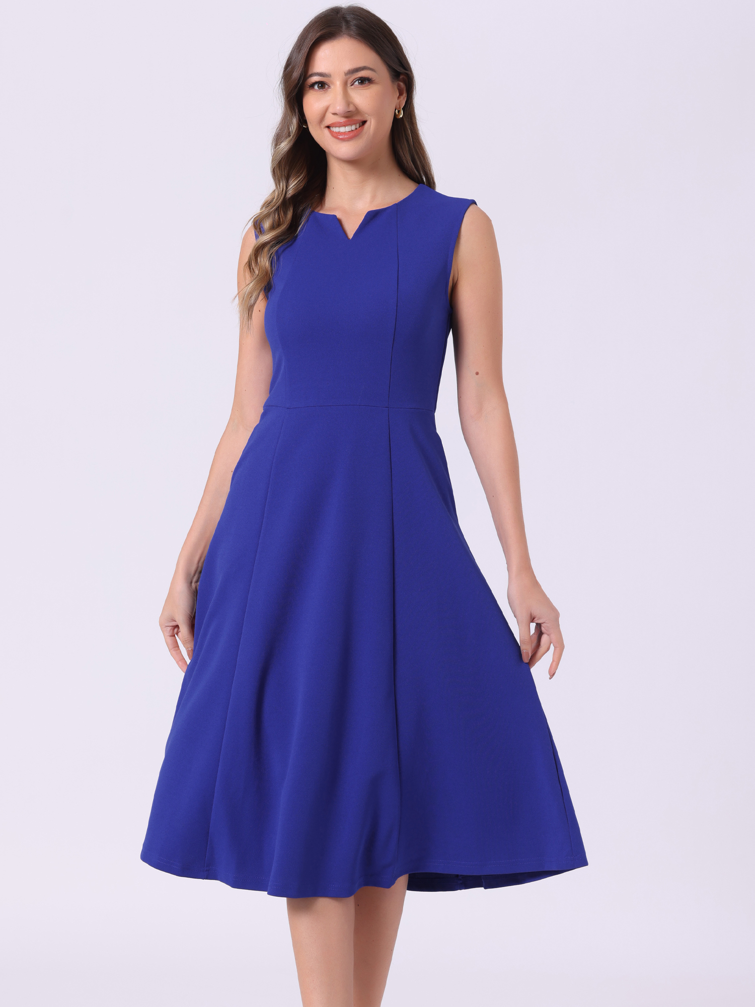 Notch Neck Pocketed Work Office A-Line Midi Dress Royal Blue/XL - Allegra K catalog