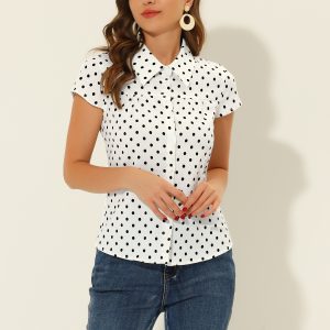 Short Sleeve Tops Vintage Polka Dots Button Up Shirt White/3XL - Allegra K catalog