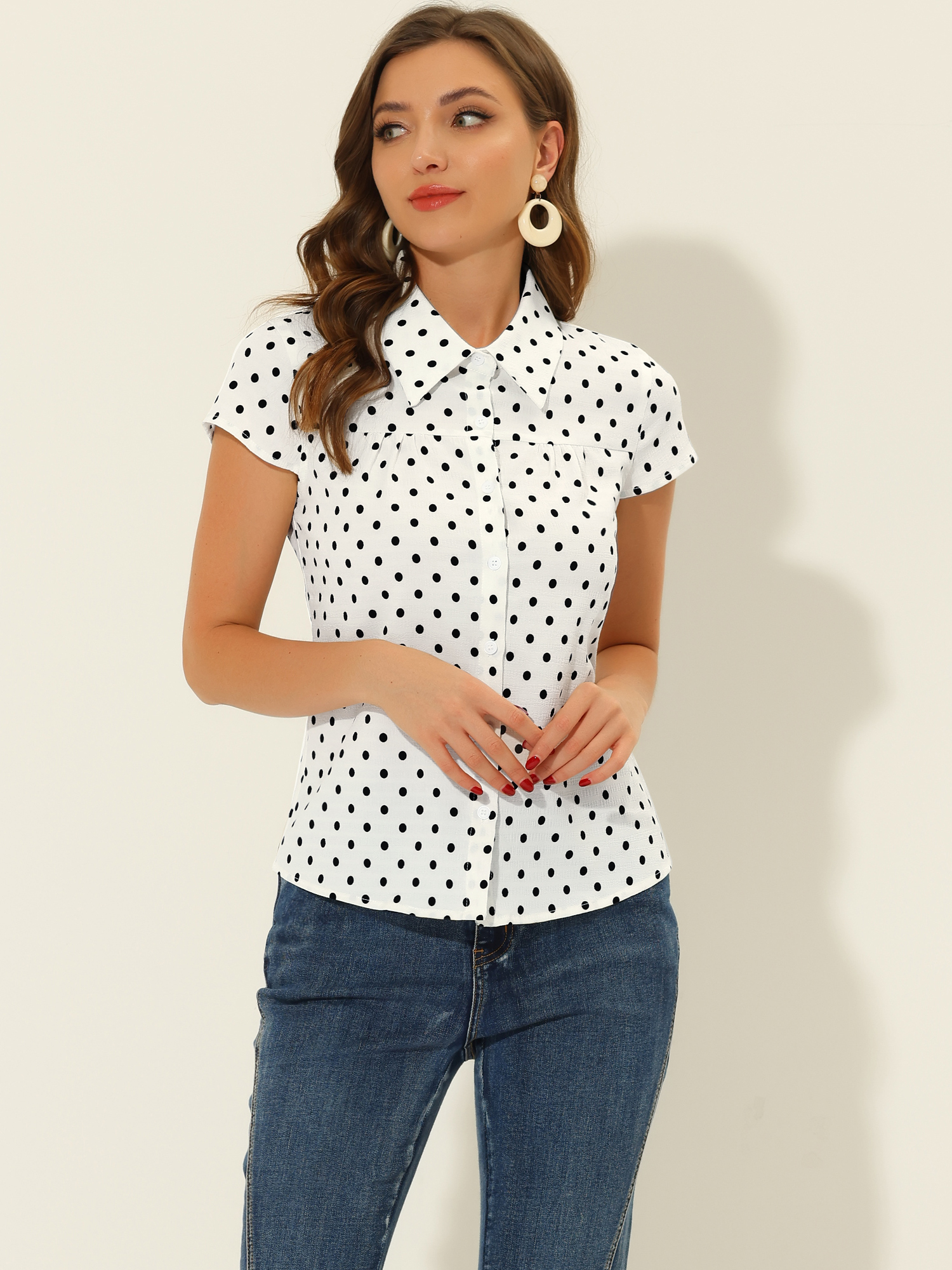 Short Sleeve Tops Vintage Polka Dots Button Up Shirt White/3XL - Allegra K catalog