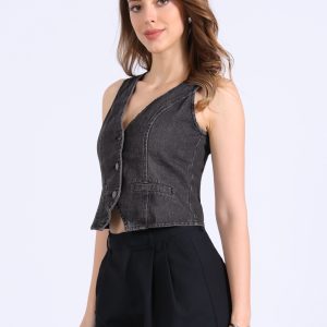 Denim Jakcet Sleeveless V Neck Button Down Casual Jean Waistcoat Vest Black/3XL - Allegra K catalog