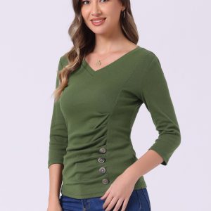 V Neck 3/4 Sleeves Solid Knitted Button Decor Ruched Blouse Olive Green/XL - Allegra K catalog