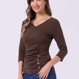 V Neck 3/4 Sleeves Solid Knitted Button Decor Ruched Blouse Coffee Brown/S - Allegra K catalog