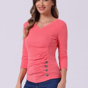 V Neck 3/4 Sleeves Solid Knitted Button Decor Ruched Blouse Watermelon Red/M - Allegra K catalog
