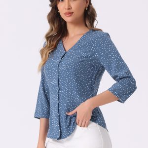 Polka Dots 3/4 Sleeve Button Front Vintage Office Blouse Top Denim Blue/M - Allegra K catalog