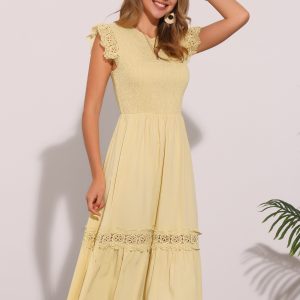Cap Sleeve Lace Trim Smocked Ruffle Flowy Beach Dress Yellow/XS - Allegra K catalog