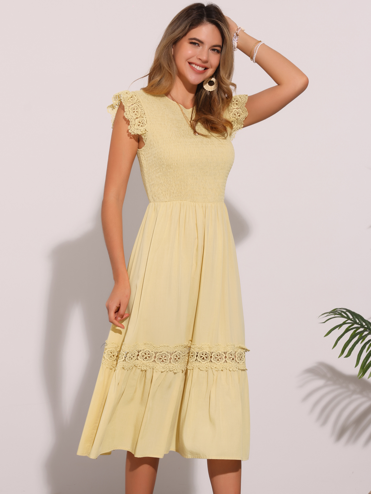 Cap Sleeve Lace Trim Smocked Ruffle Flowy Beach Dress Yellow/S - Allegra K catalog