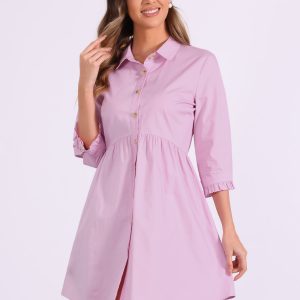 Ruched 3/4 Sleeve Button Up Casual Mini Shirt Dress Pink Purple/M - Allegra K catalog