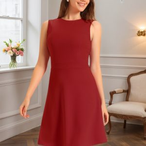 Solid Color Round Neck Sleeveless A-Line Work Midi Dress Red/S - Allegra K catalog