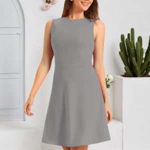 Solid Color Round Neck Sleeveless A-Line Work Midi Dress Light Grey/XL - Allegra K catalog