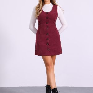 Corduroy Overall Scoop Neck Sleeveless Button Pinefore Dress Burgundy/L - Allegra K catalog