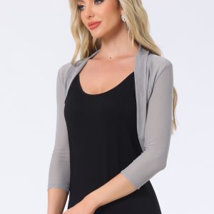 Semi Sheer Mesh Elegant 3/4 Sleeve Stretchy Cropped Bolero Shrugs Light Grey/M - Allegra K catalog